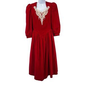 Vintage 80's Velvet Beaded Puff Sleeve Lace Accent Midi Dress